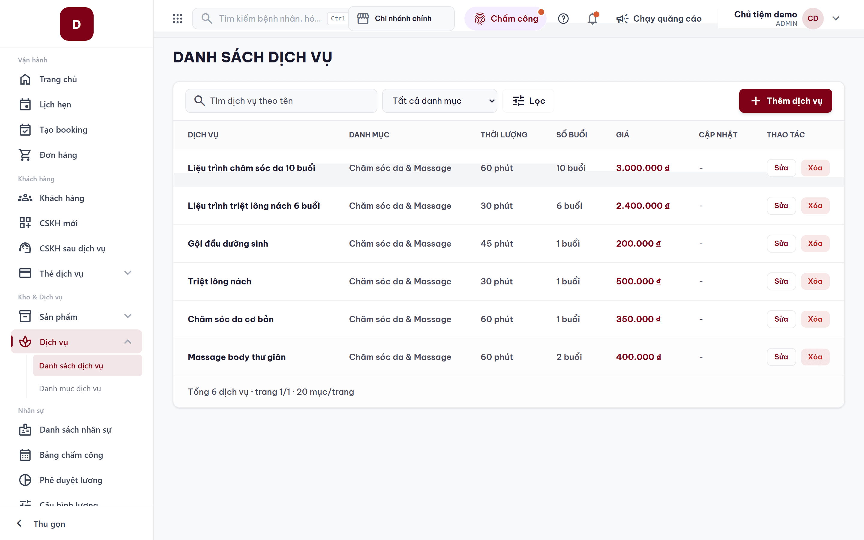 Danh sách dịch vụ với giá và thời lượng