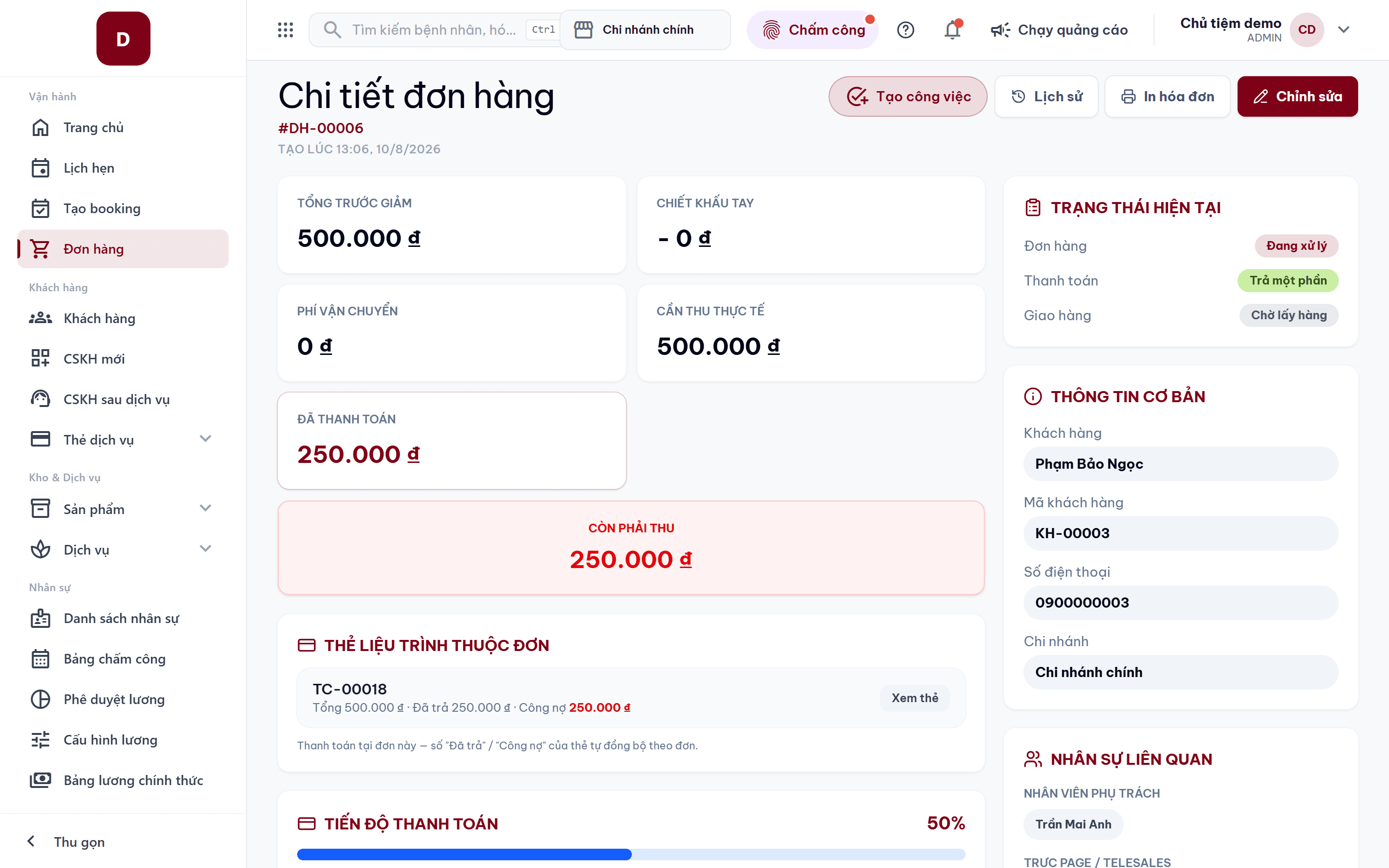 Trang chi tiết đơn hàng với số còn phải thu và nút Chỉnh sửa