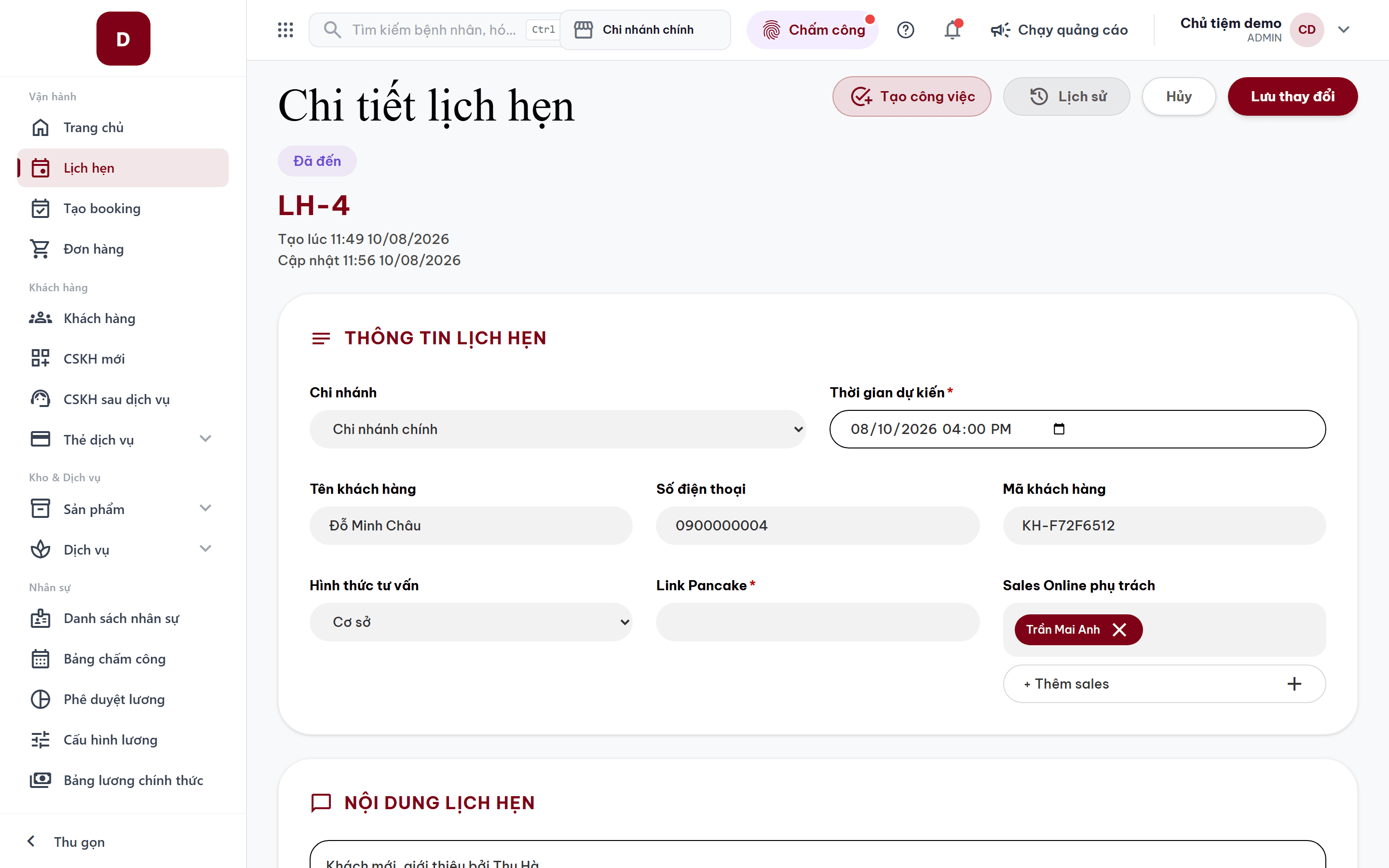 Trang chi tiết lịch hẹn ở chế độ chỉnh sửa với nút Lưu thay đổi